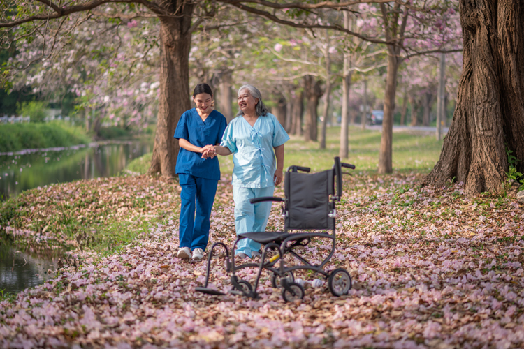 Nurse with a patient in a garden